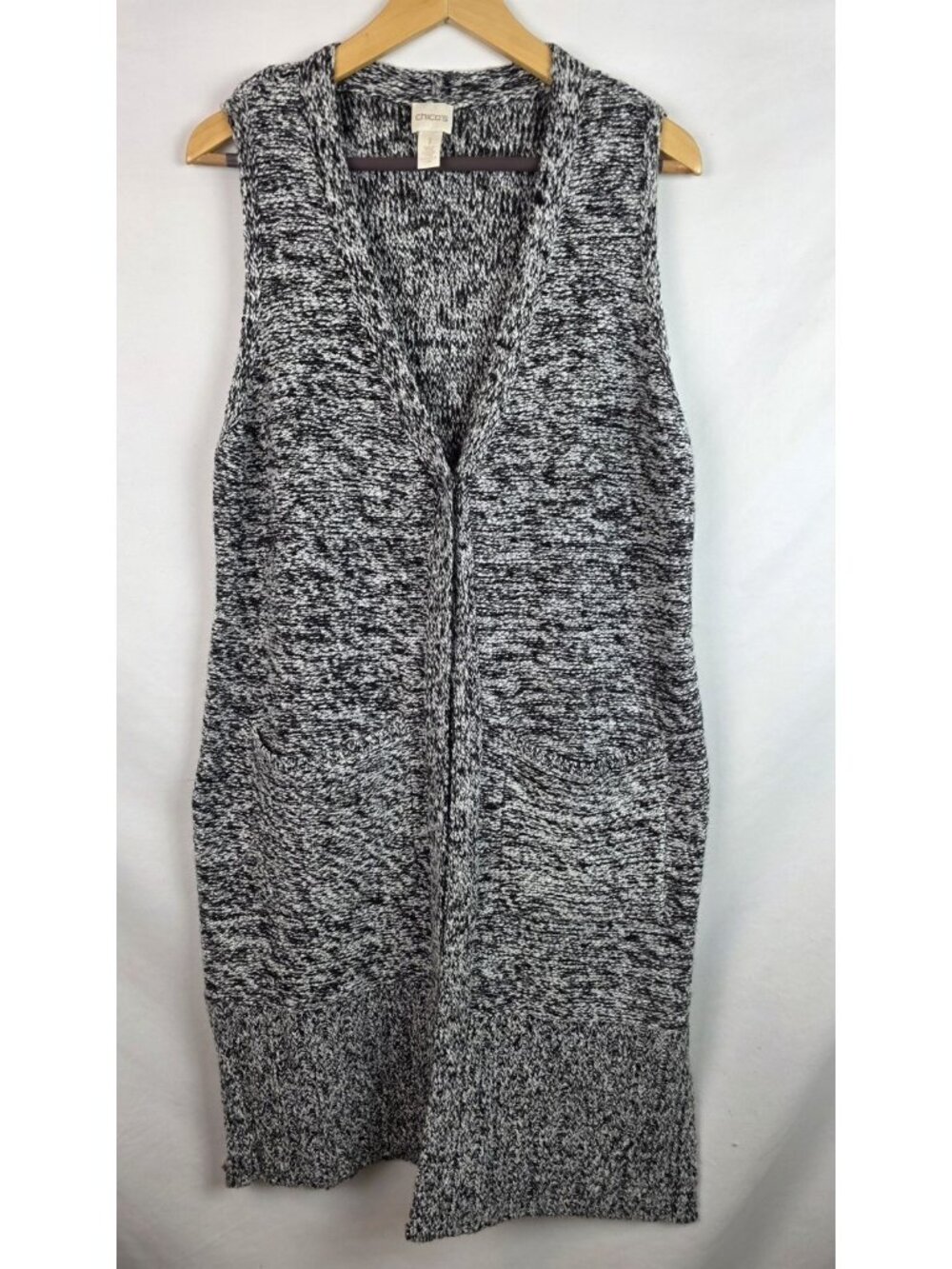 Chico's Womens Cardigan Sweater Size 1 Medium Black White Sleeveless Knit Duster